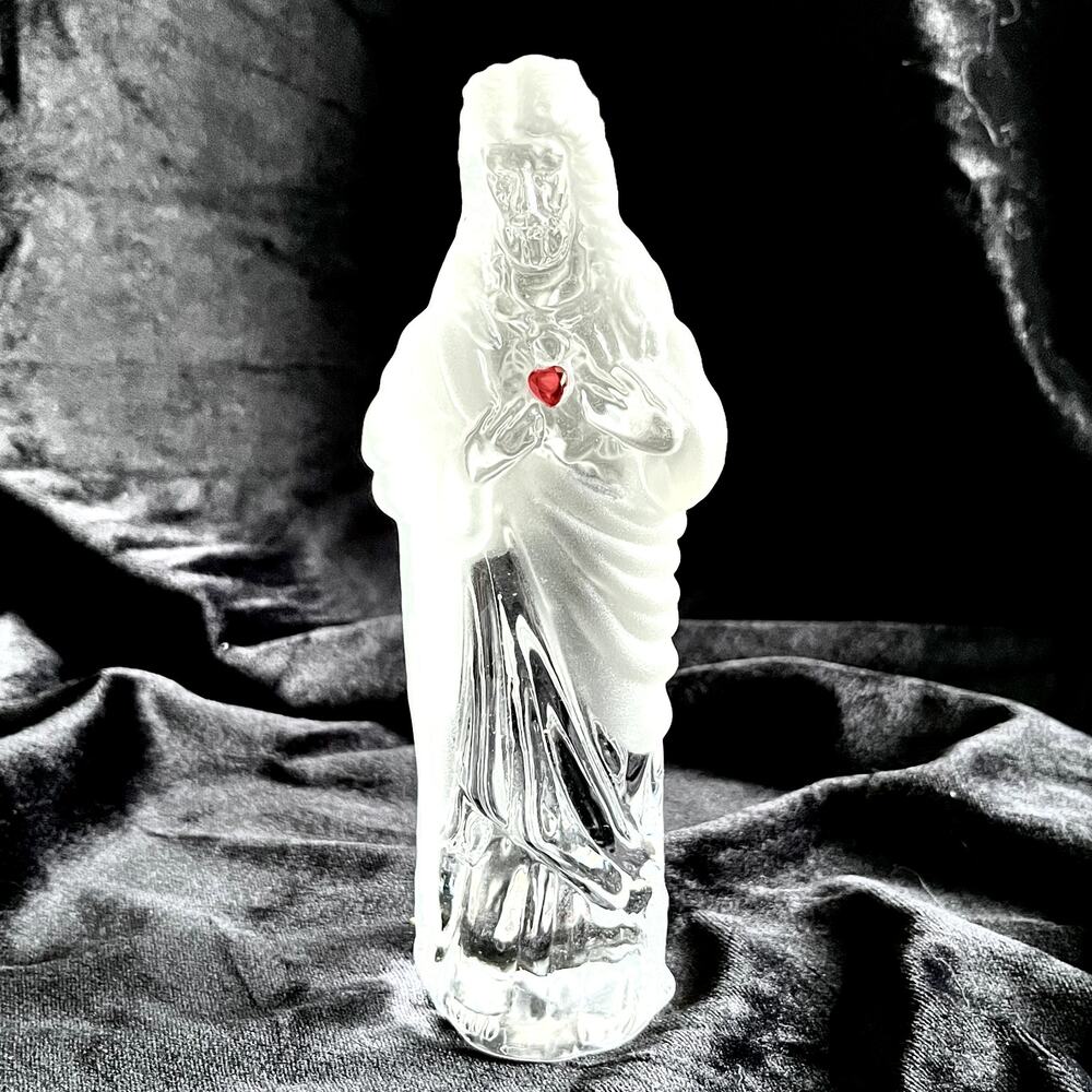 Vintage Frosted & Clear Glass Sacred Heart of Jesus Figurine Faceted Red Heart